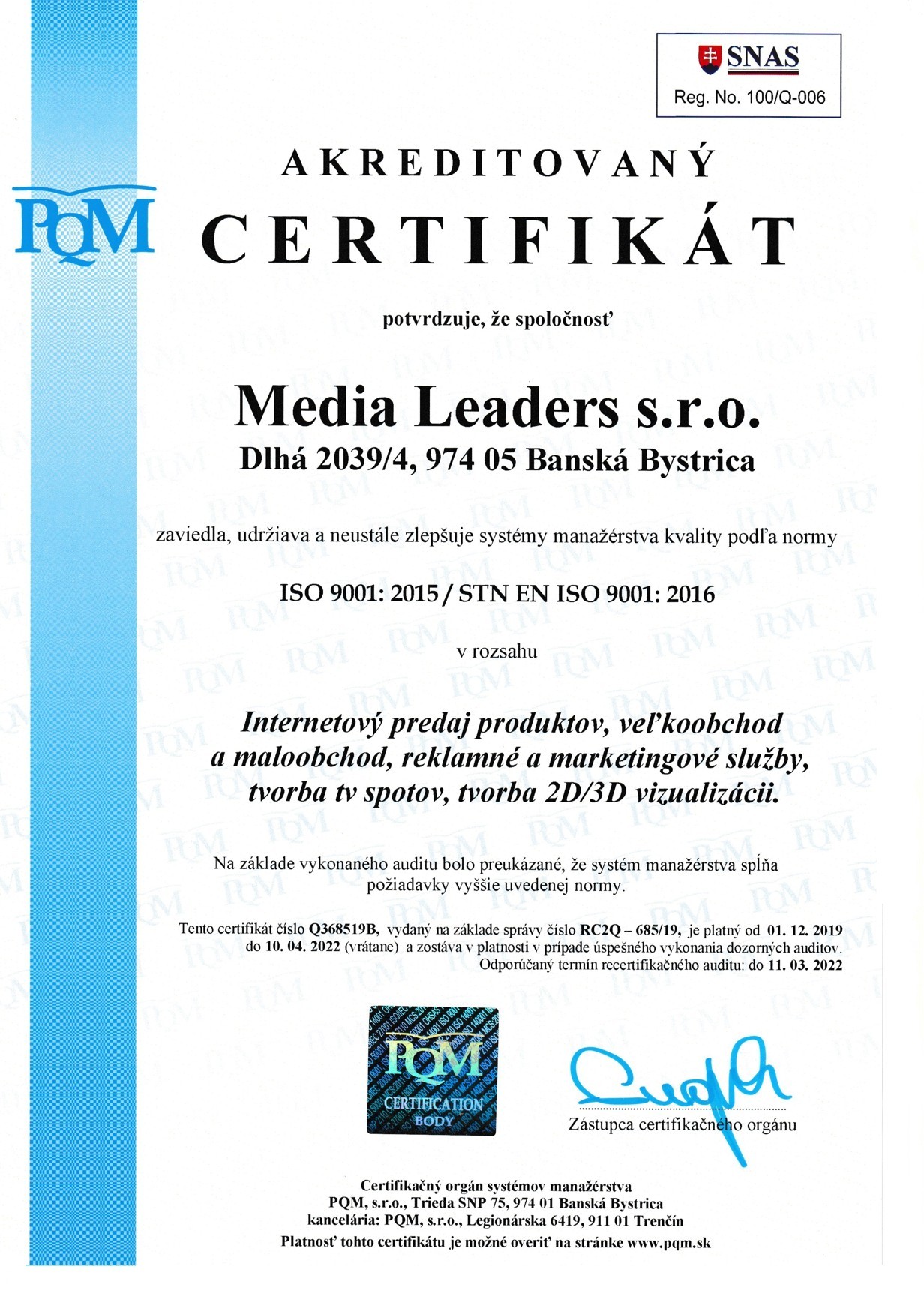 ISO 9001 πιστοποιητικό media leaders sro