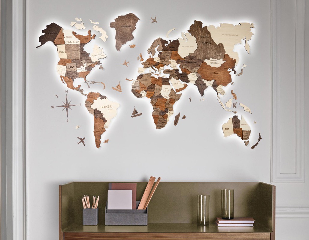 Χειροποίητος τρισδιάστατος παγκόσμιος χάρτης στον τοίχο