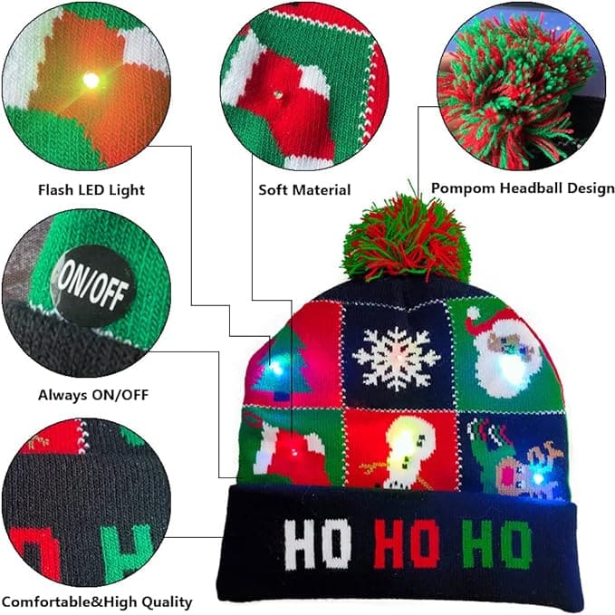χειμωνιάτικα καπέλα για τα Χριστούγεννα με πομ-πομ και λαμπερά LED