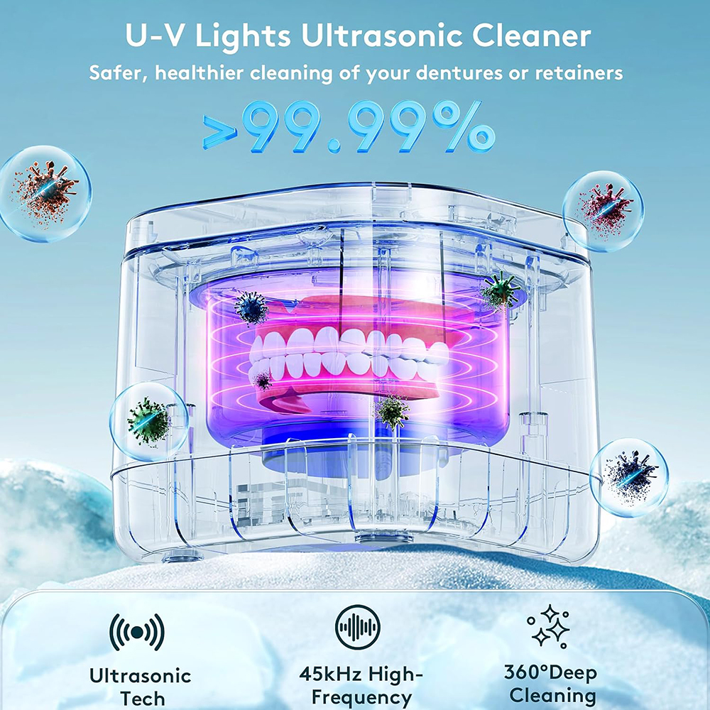 υπερηχητικός καθαριστής συγκράτησης καθαριστικό οδοντοστοιχιών U-V 99,99% ελαφρύς καθαρισμός