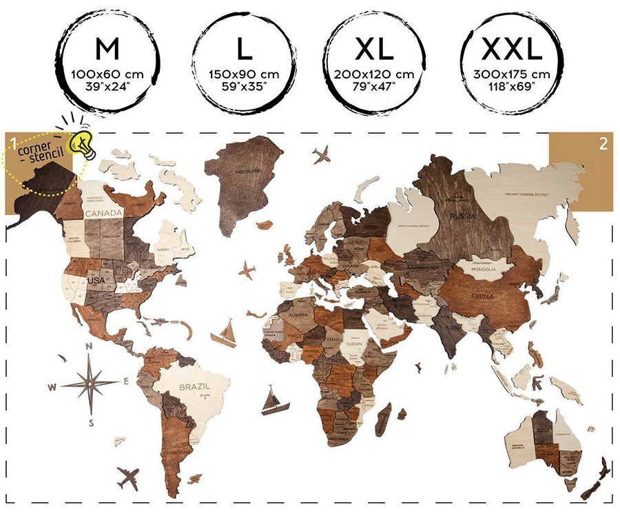 3D ξύλινη ζωγραφική παγκόσμιου χάρτη μεγέθους XXL