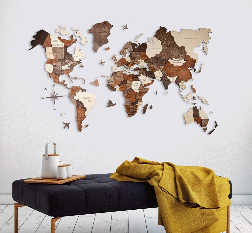 Τρισδιάστατοι πίνακες στον ξύλινο παγκόσμιο χάρτη τοίχων